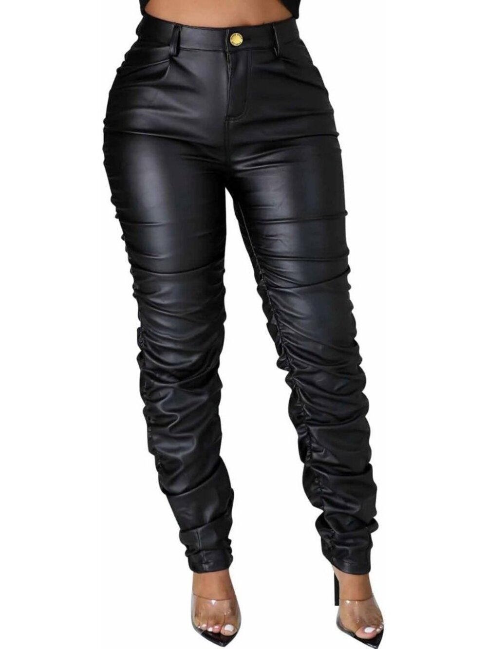 High Waist Stretchy Faux Leather Leggings for Women | Trendy Stacked Pants